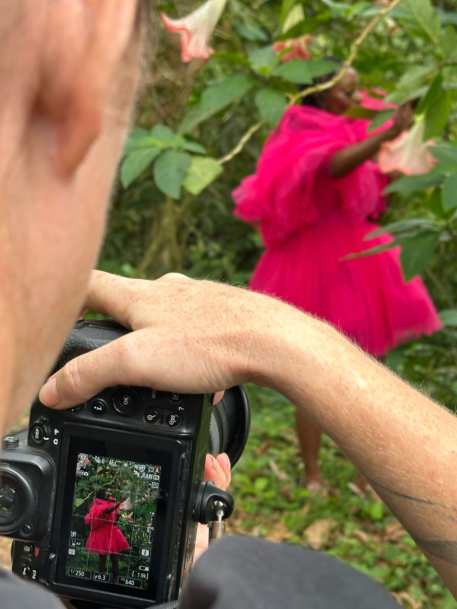 Photographer capturing a woman in a bright pink dress among lush green foliage, visible on camera screen.