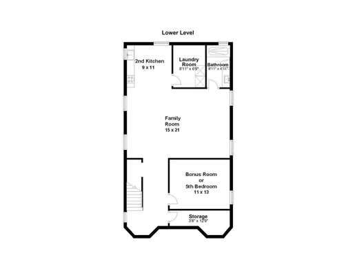 Lower level floor plan showing family room, 2nd kitchen, laundry room, bonus room, and storage areas.