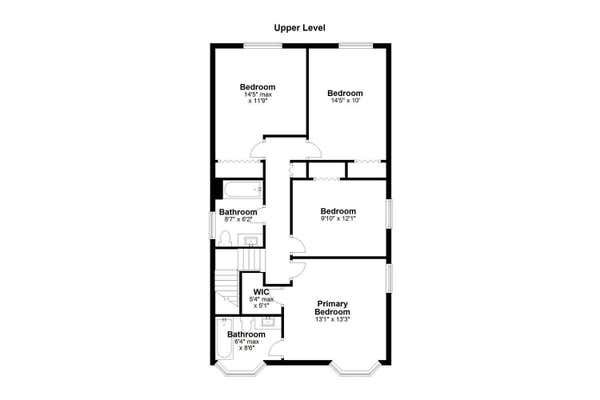Upper level floor plan showing primary bedroom, four additional bedrooms, and shared bathroom.