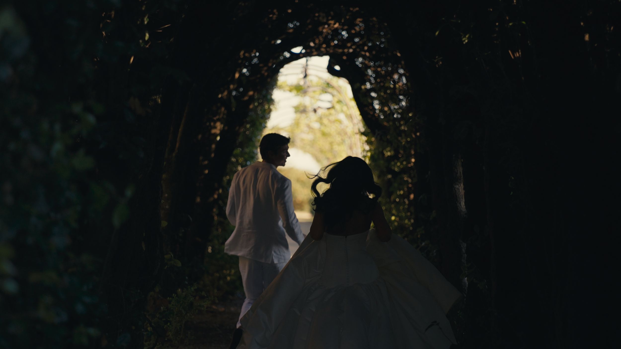 A bride and groom walk hand in hand through a lush green tunnel archway toward a bright romantic backdrop.