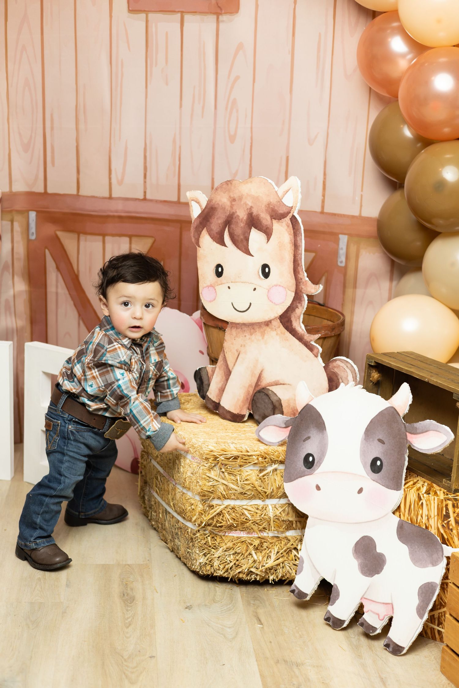 Toddler boy in plaid shirt poses with hay bale and farm animal cutouts at a barnyard birthday party.