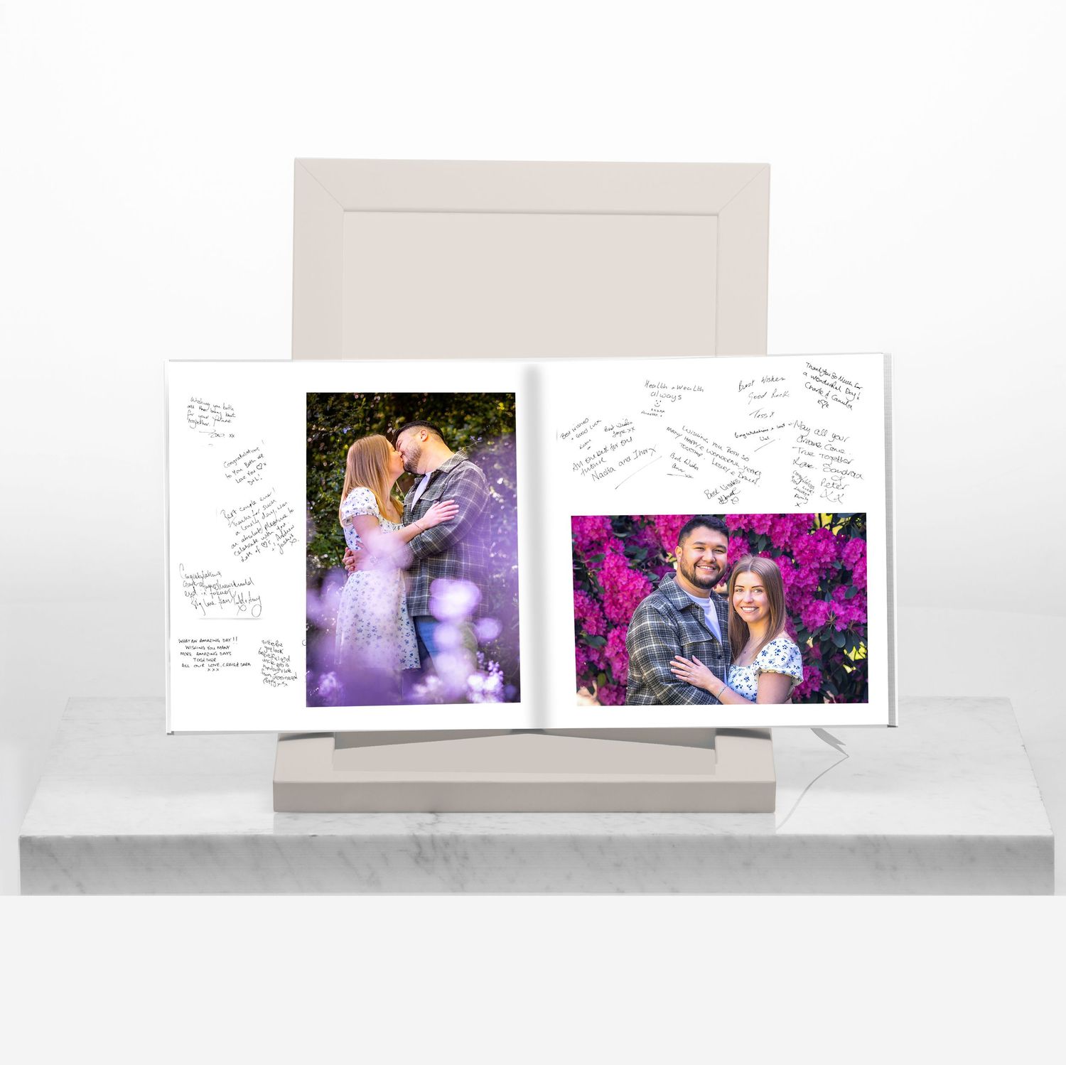signature book for wedding guests with a landscape photo of the couple on one page and a portrait on the other by Stuart Morris Photography