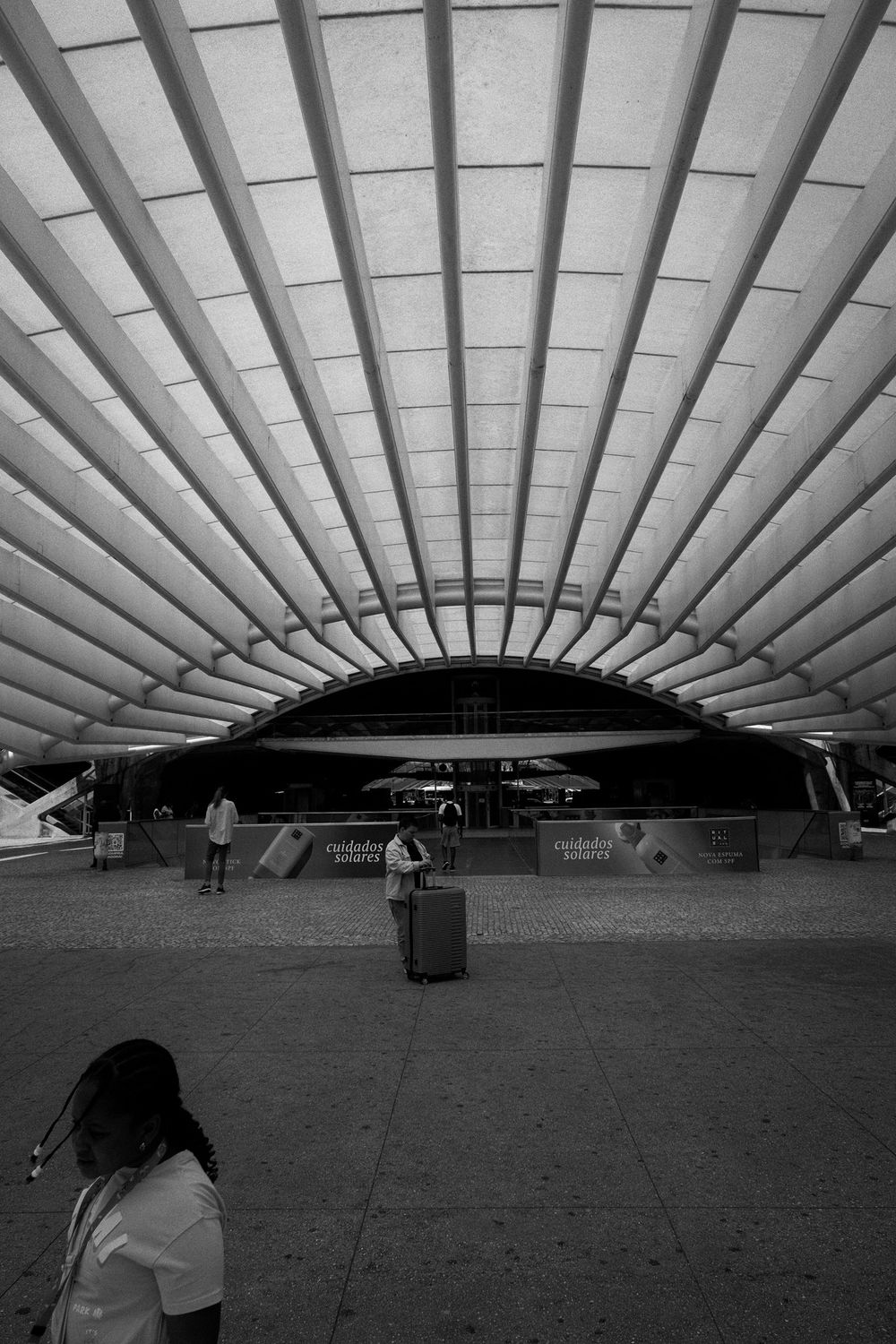 Black and white photo of modern architectural train station Lisbon Orient Station, with sweeping canopy roof and geometric steel structure.