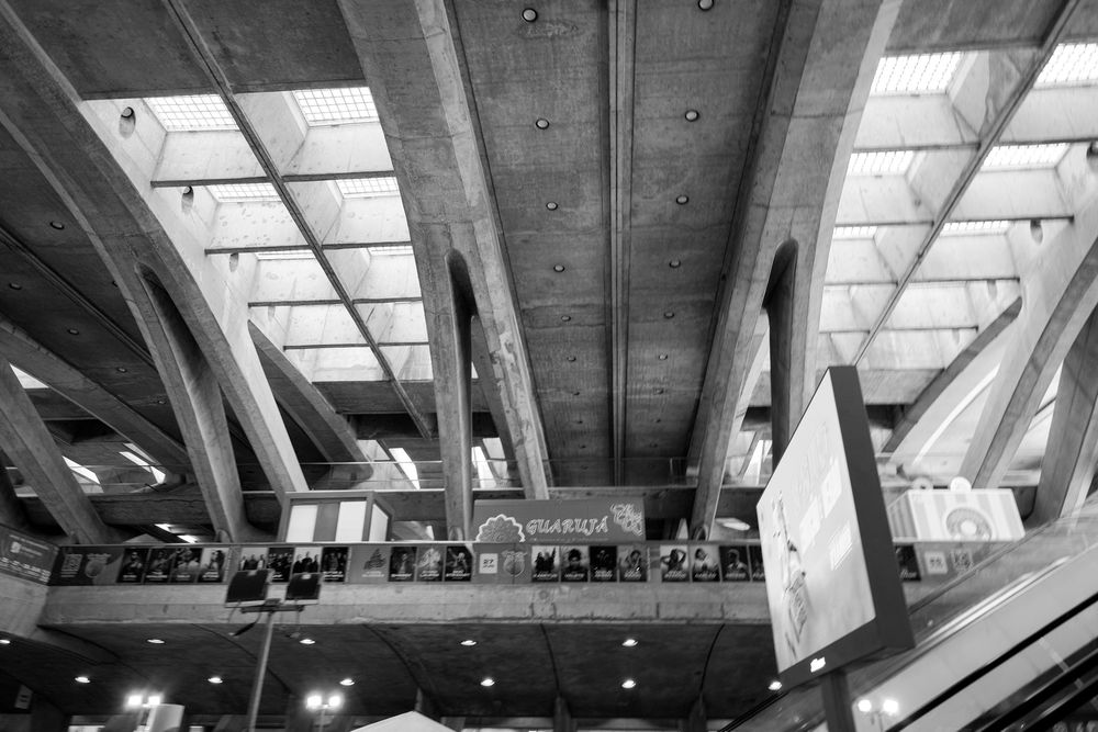 Black and white photo of modern architectural train station Lisbon Orient Station, with sweeping canopy roof and geometric steel structure.