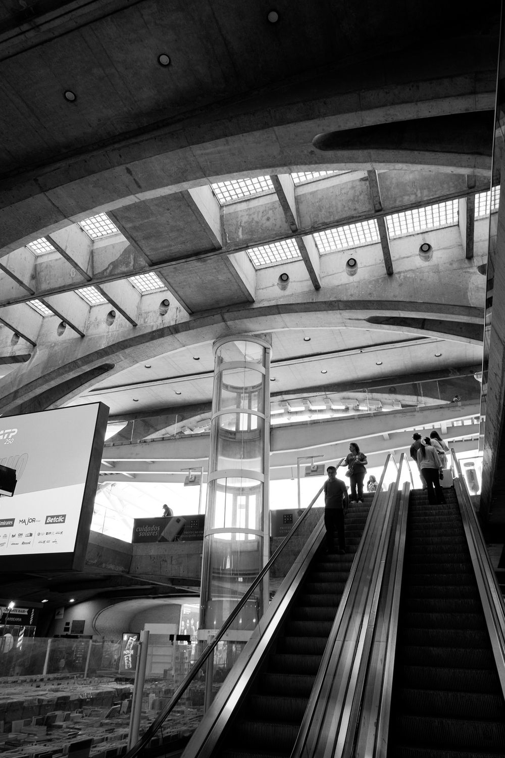 Black and white photo of modern architectural train station Lisbon Orient Station, with sweeping canopy roof and geometric steel structure.