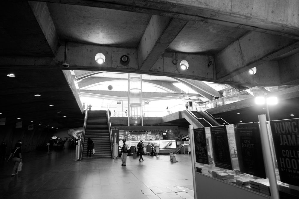 Black and white photo of modern architectural train station Lisbon Orient Station, with sweeping canopy roof and geometric steel structure.