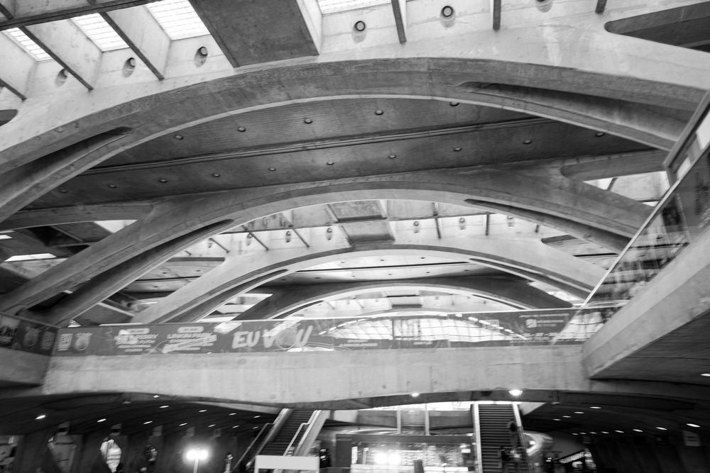 Black and white photo of modern architectural train station Lisbon Orient Station, with sweeping canopy roof and geometric steel structure.
