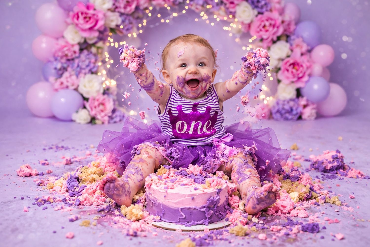 Baby enjoying cake smash during birthday photoshoot