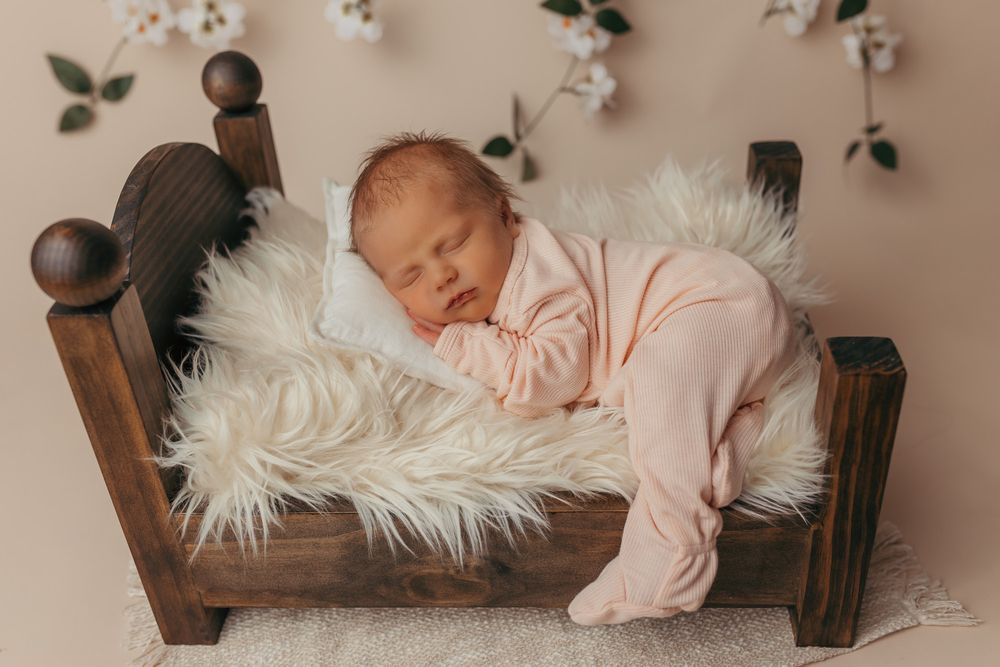 Baby sleeping in a little bed during their newborn session.