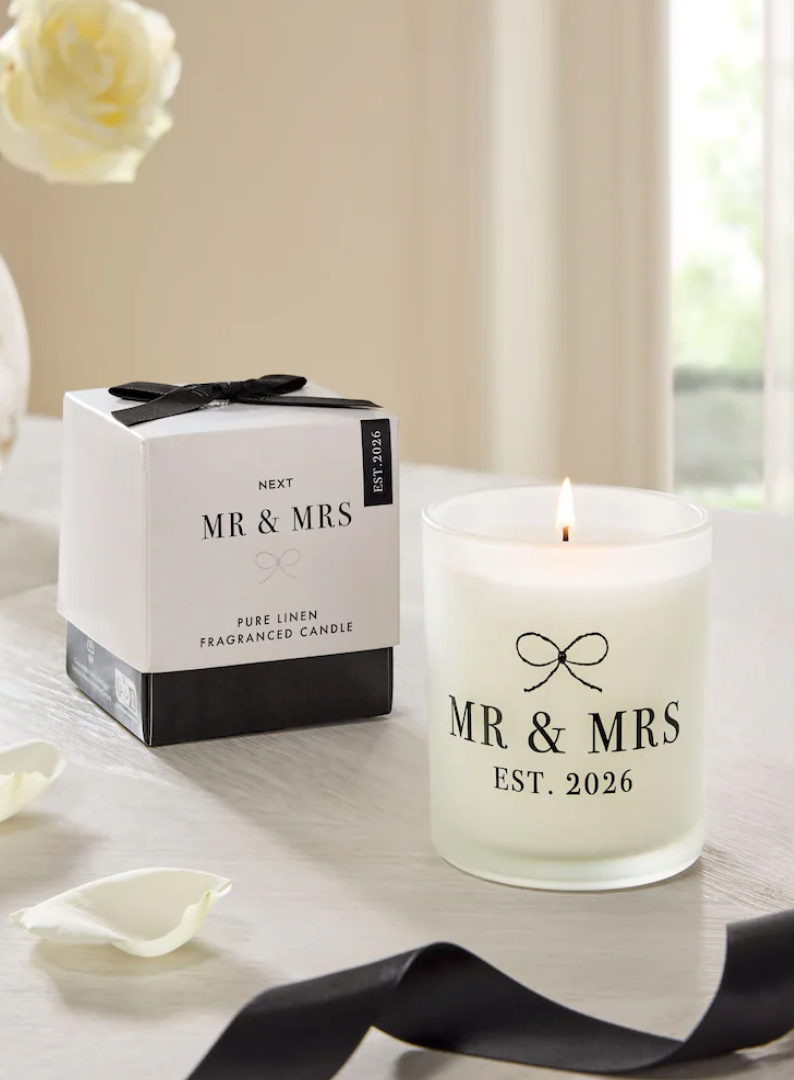 Mr & Mrs Est. 2026 pure linen fragranced candle in frosted glass with matching gift box.