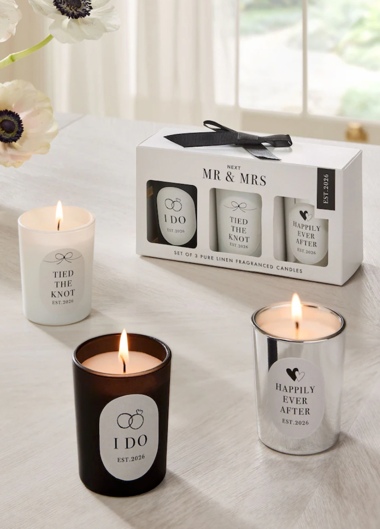 Set of 3 Mr & Mrs wedding scented candles including Tied the Knot, I Do, and Happily Ever After in gift box.
