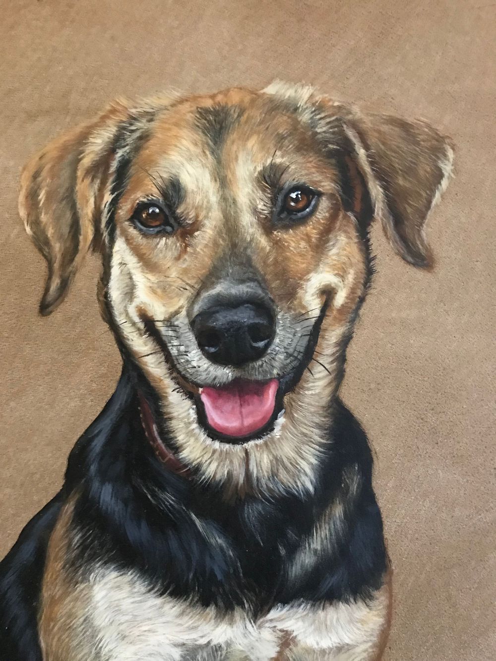 Realistic pastel painting portrait of a happy smiling mixed breed dog with tan, black, and white markings on brown background.