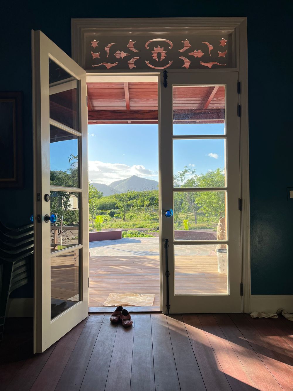 Open double doors with ornate transom reveal a mountain view, wood deck, and lush greenery under a blue sky.