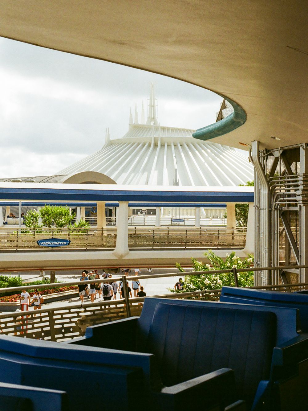 Space Mountain futuristic white spires rise above Tomorrowland at Walt Disney World Magic Kingdom theme park.