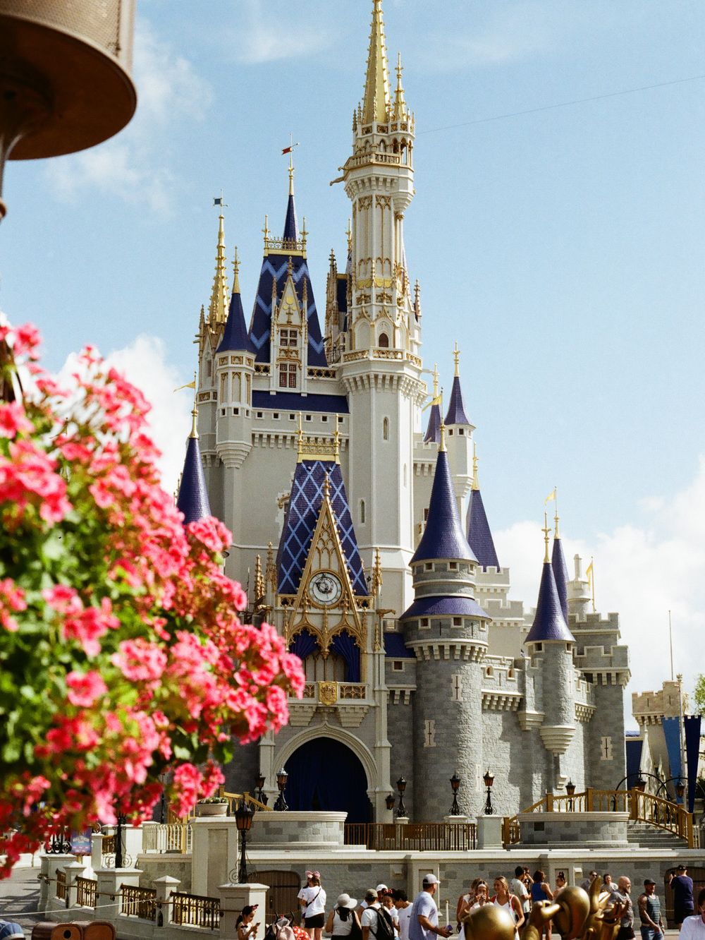 Cinderella Castle towers with blue spires and gold accents framed by pink flowers at Walt Disney World.
