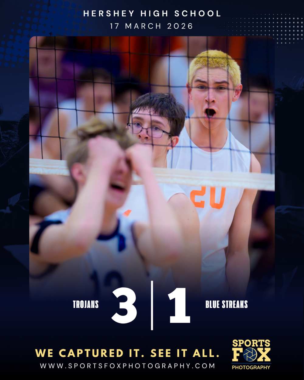 Score graphic: Hershey Trojans defeat the Blue Streaks 3-1 on March 17 2026 by Deanna Fox, SportsFox Photography based in Hershey PA.