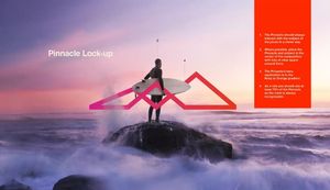 Surfer stands on rocks at sunset with Pinnacle Lock-up branding overlay in red and pink geometric design.