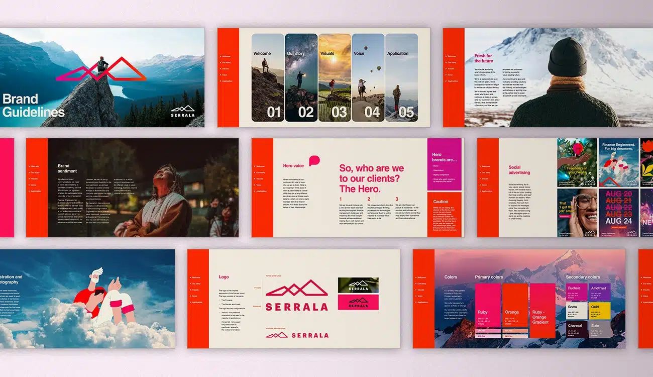 Colorful brand guidelines layout featuring red and white design elements, mountain photography, and Bernala branding materials.