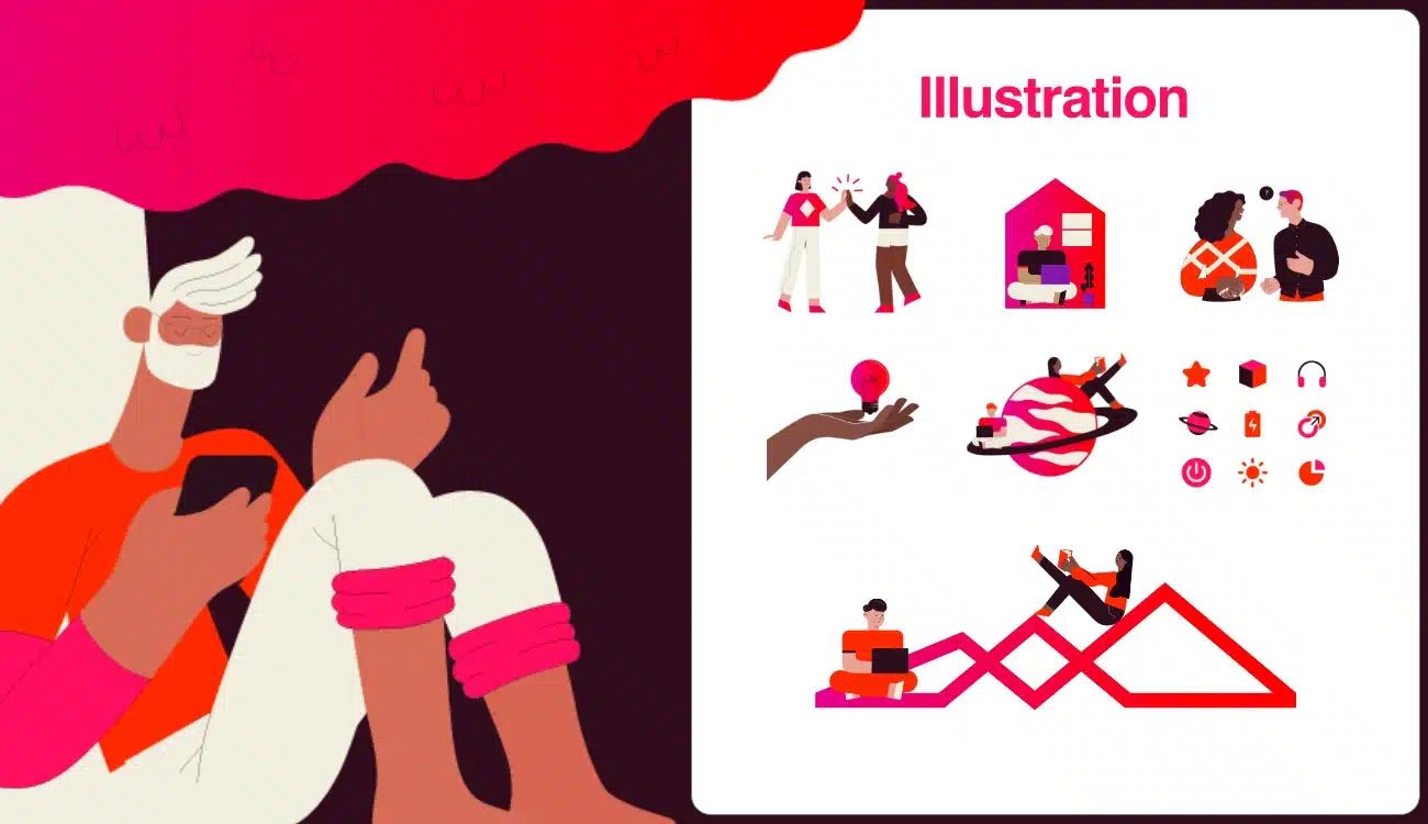 Vibrant illustration style guide showcasing diverse characters and icons in bold red, pink, and white color palette.