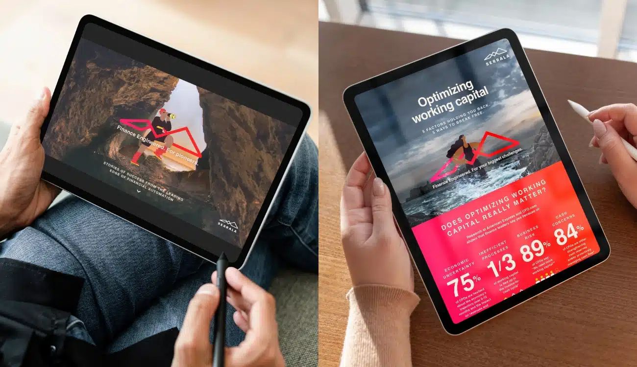 Two hands holding iPads displaying vibrant digital content, showcasing the device's vivid screen and slim design.
