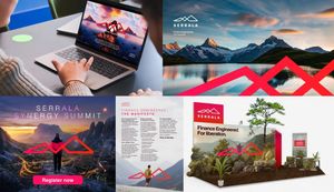 Serrala branding collage featuring laptop, mountain logo, Synergy Summit event, and Finance Engineered for Success display.