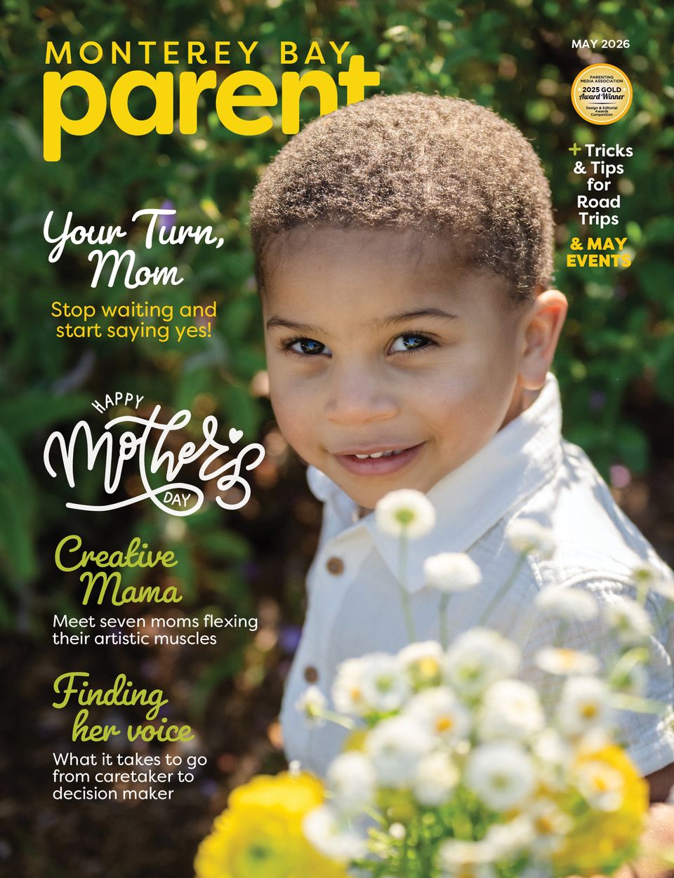 Monterey Bay Parent May 2026 magazine cover featuring a smiling young child among white flowers with Mother's Day themed articles.