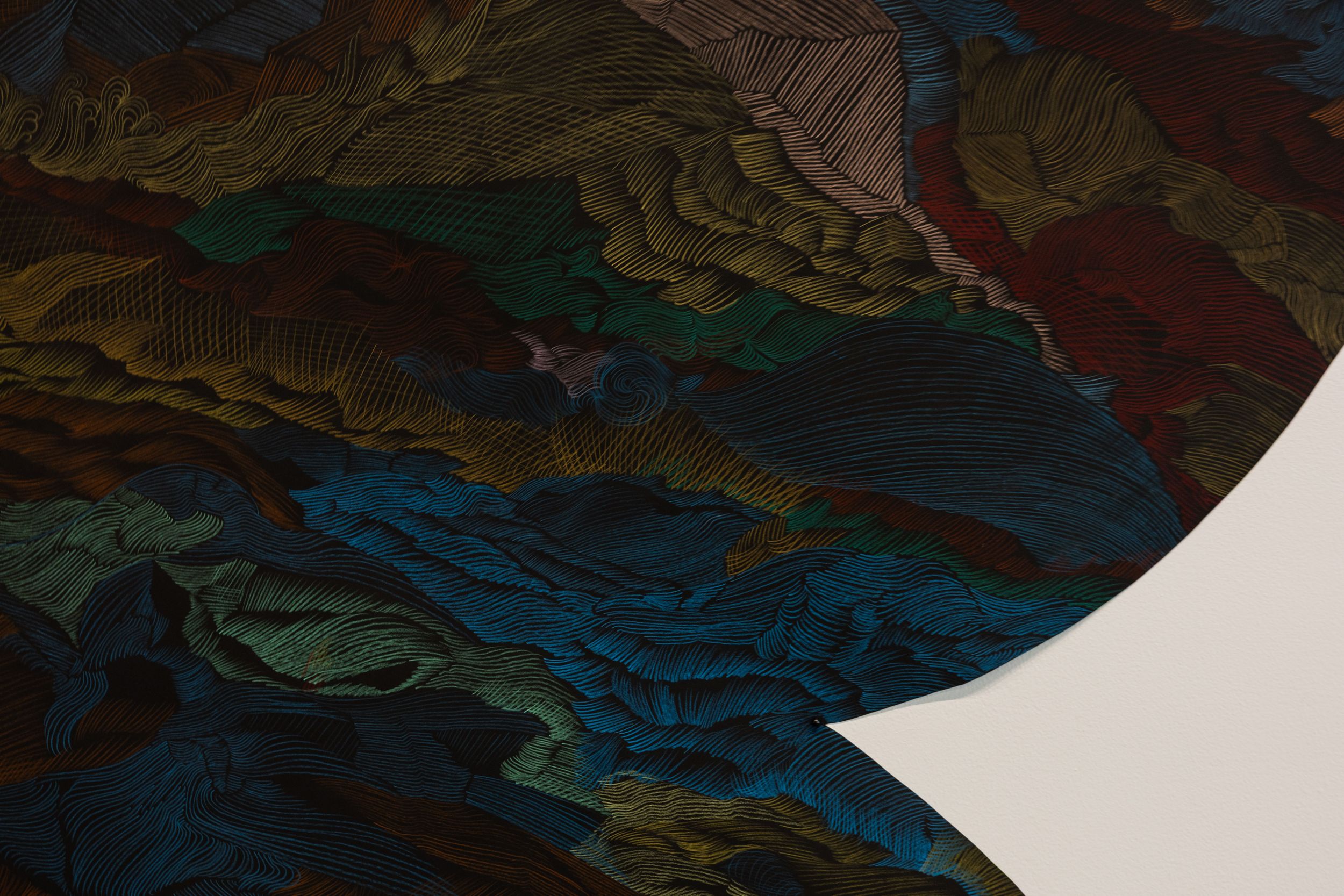 Detailed dark artwork featuring layered landscape with rich blue, green, and brown tones on canvas.