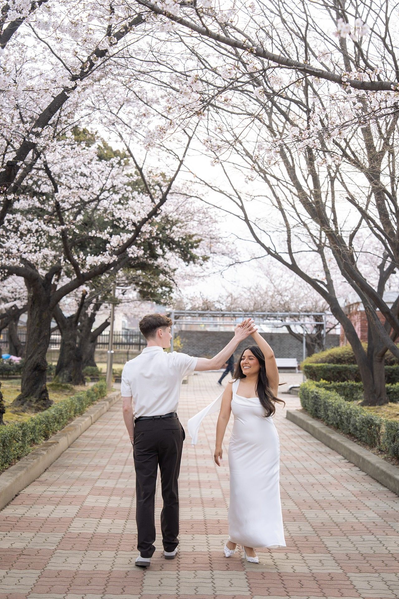 Couple dancing under blooming cherry blossom trees on a brick pathway, woman in white dress, man in white shirt and black pants.