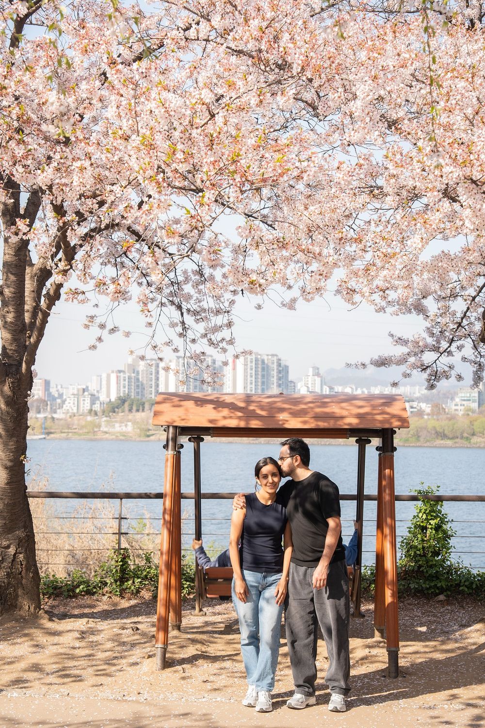 Couple standing under blooming cherry blossom tree by a river with city skyline in background.