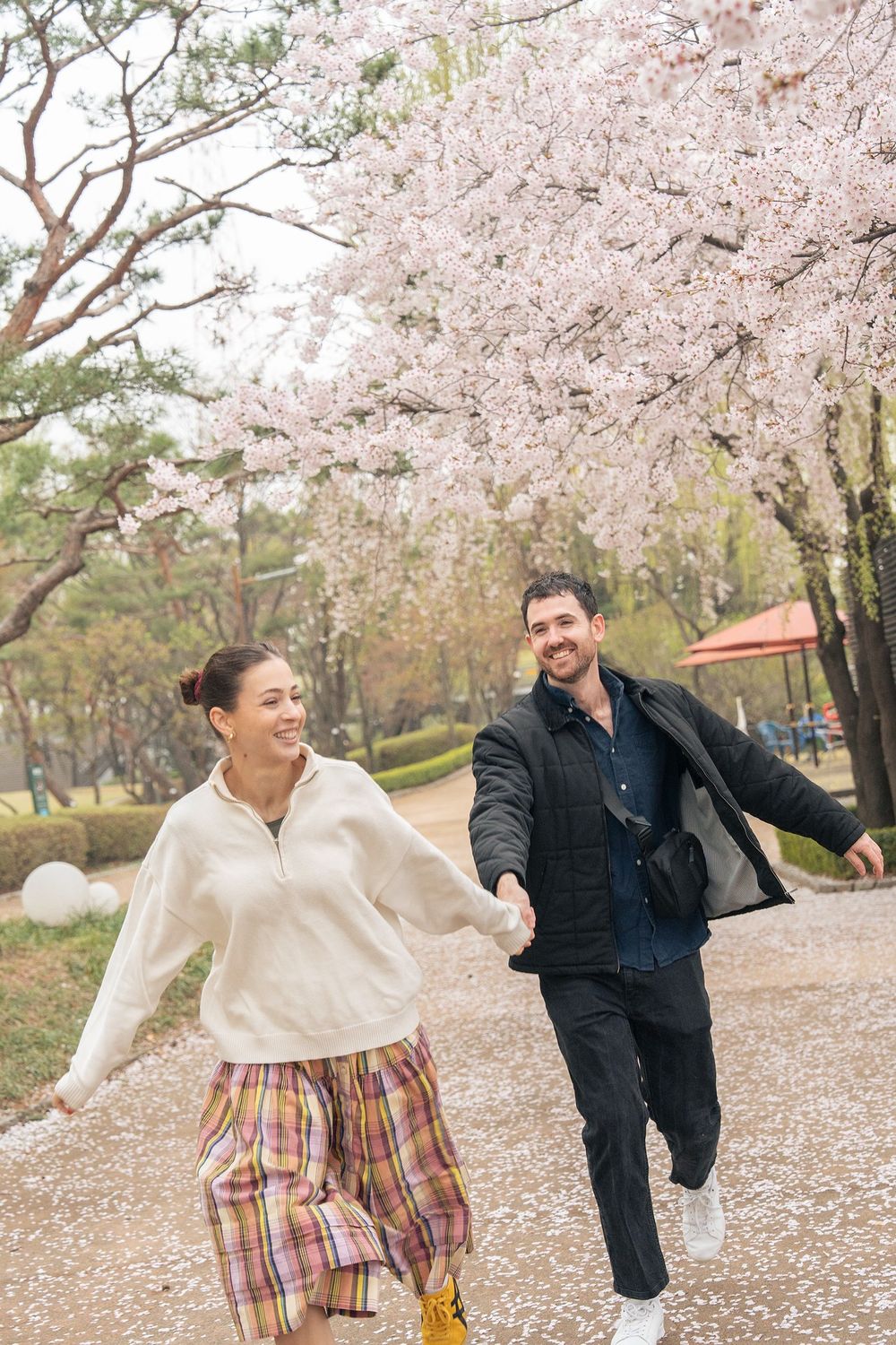 Couple holding hands and running joyfully under blooming cherry blossom trees in a park during spring.