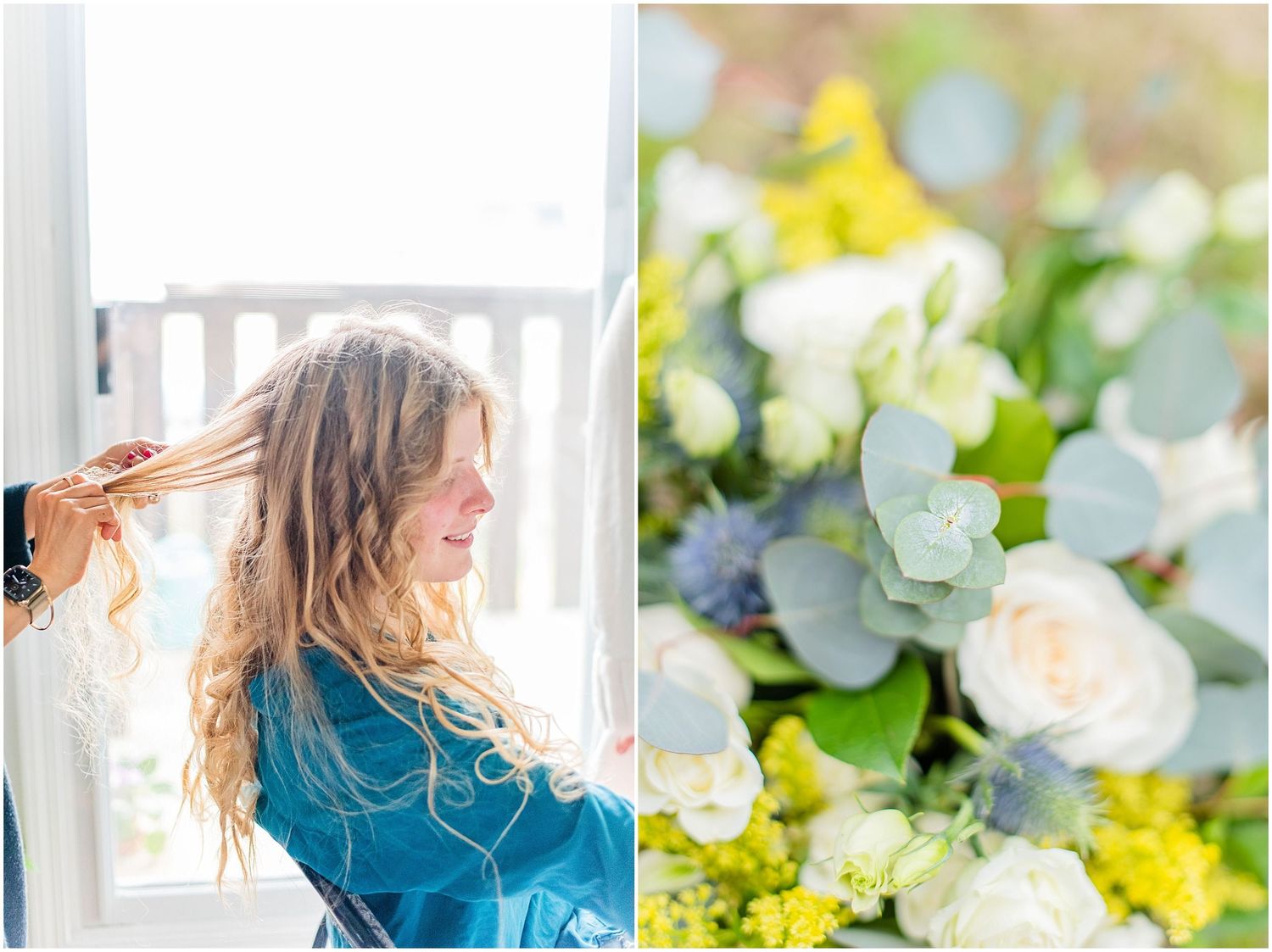 Bride getting hair styled near window with soft natural light, beside a close-up of a white and green wedding bouquet.