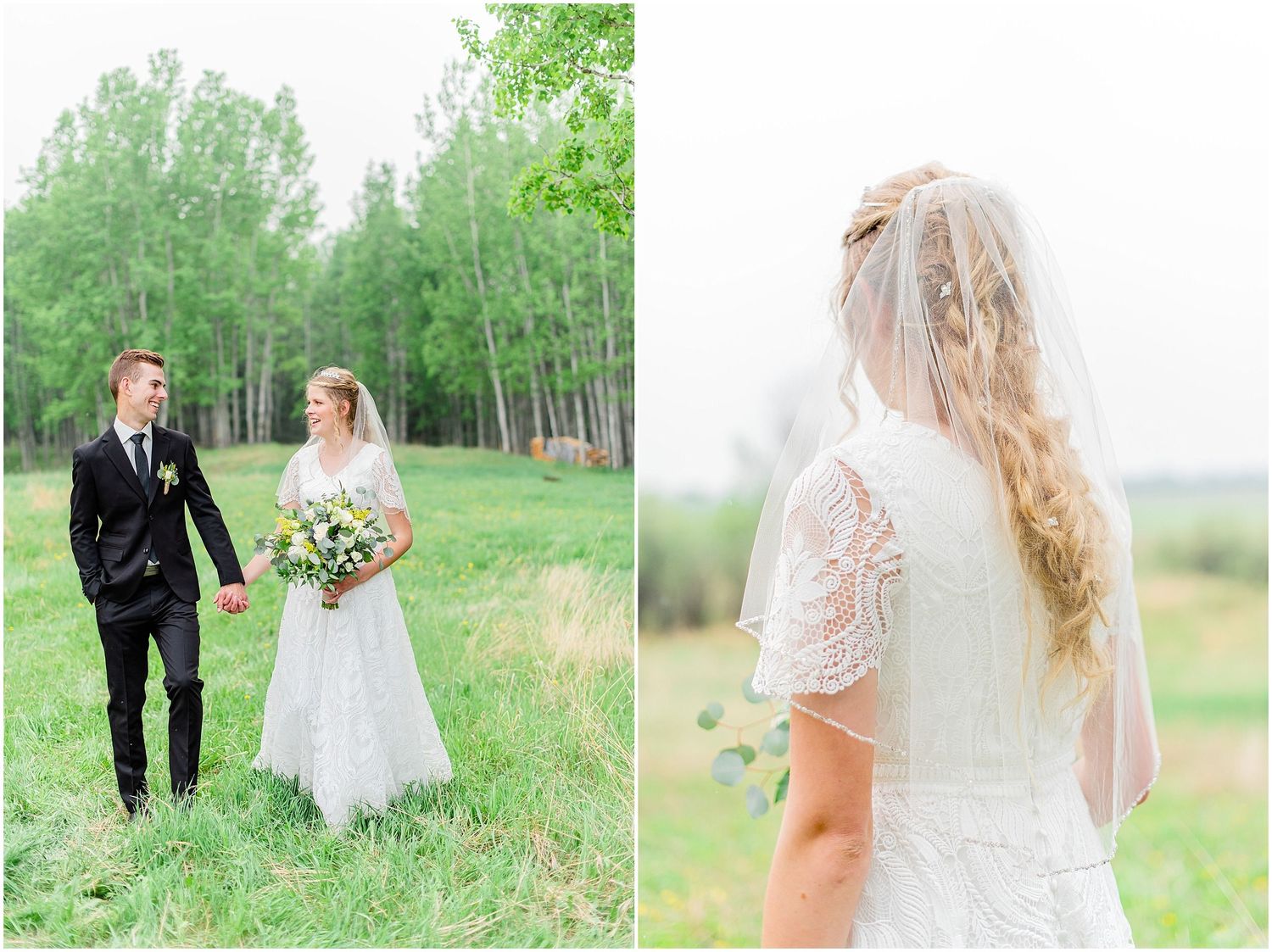 Bride and groom walk hand in hand through green meadow with aspen trees on their wedding day.