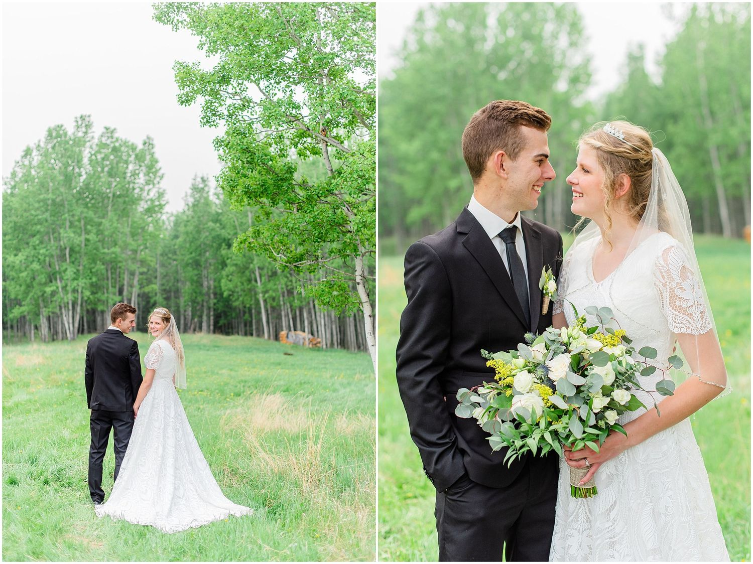 Bride and groom share a romantic moment in lush green forest, bride holding yellow and white bouquet.
