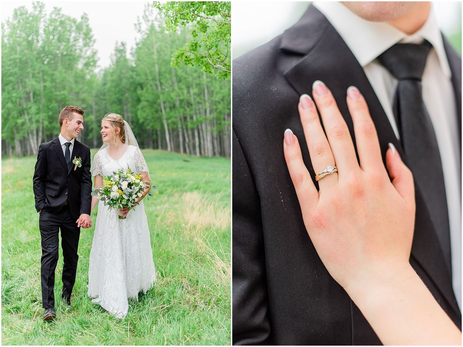 Bride and groom walk outdoors as close-up shows her gold wedding ring on his black suit lapel.