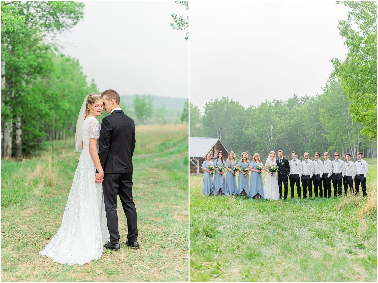Bride and groom pose with wedding party of bridesmaids in blue dresses and groomsmen outdoors.