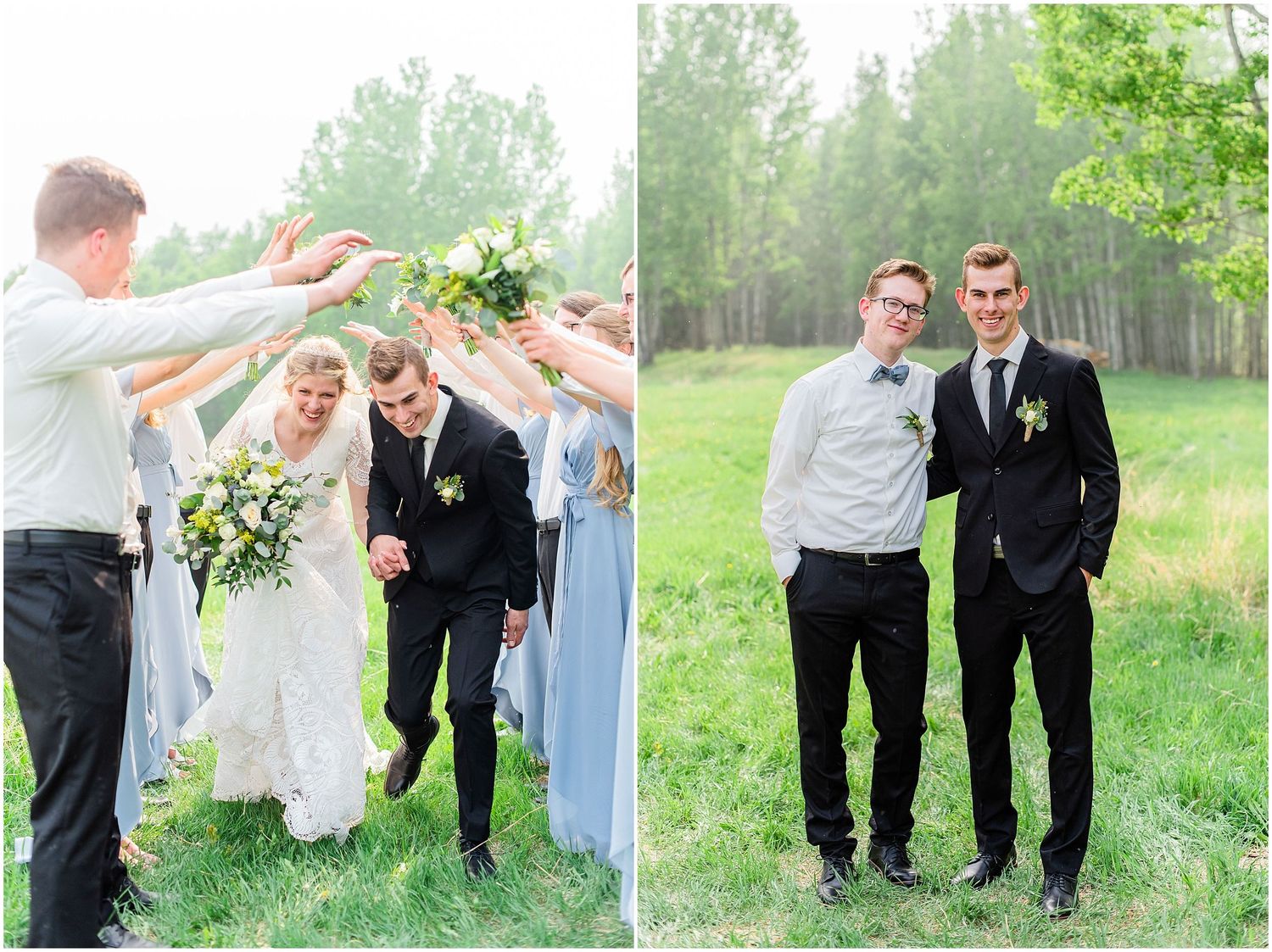 Wedding party tunnel celebration with bride and groom walking through raised hands outdoors.
