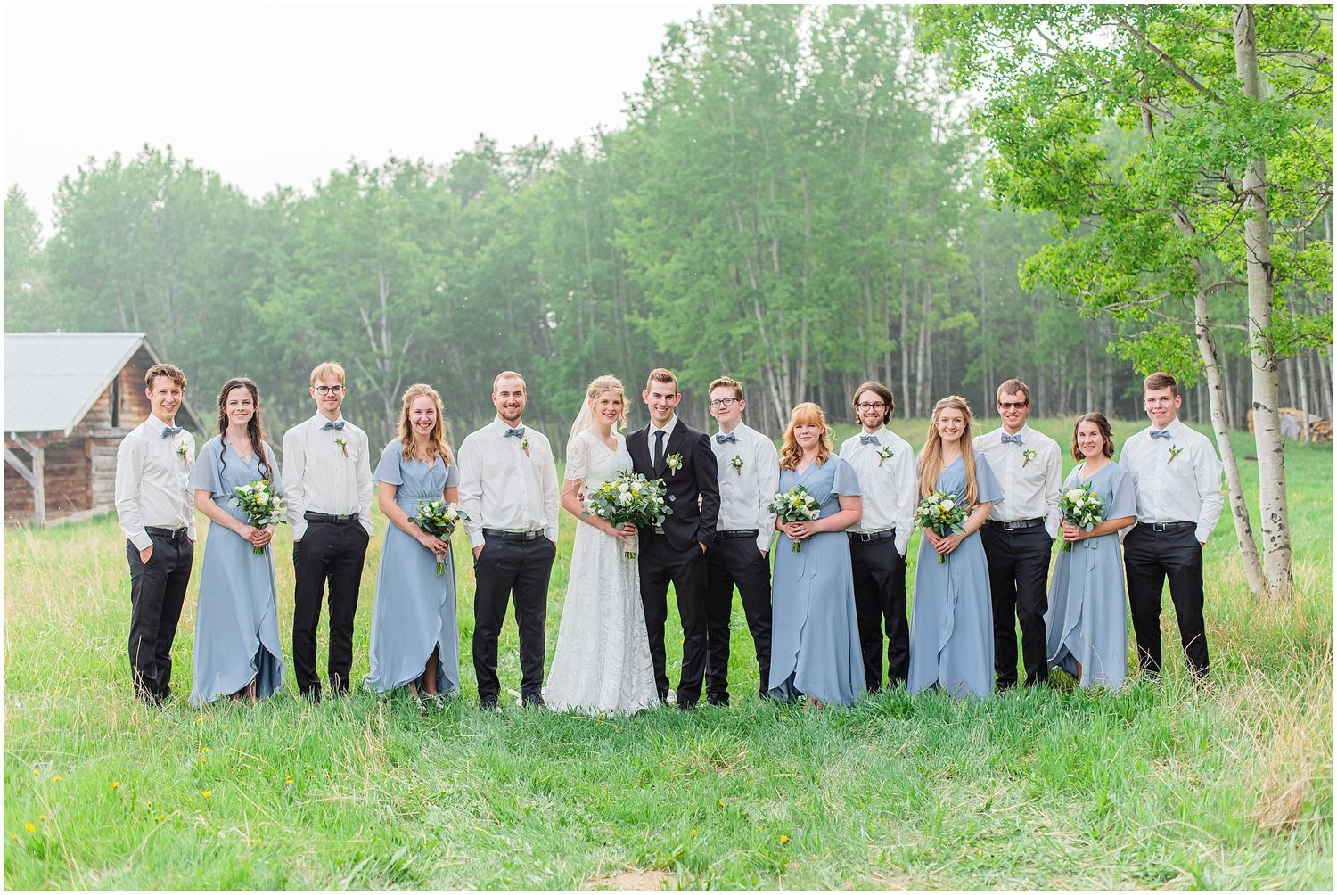 A wedding party of twelve poses in a green field, bridesmaids in blue dresses and groomsmen in black.