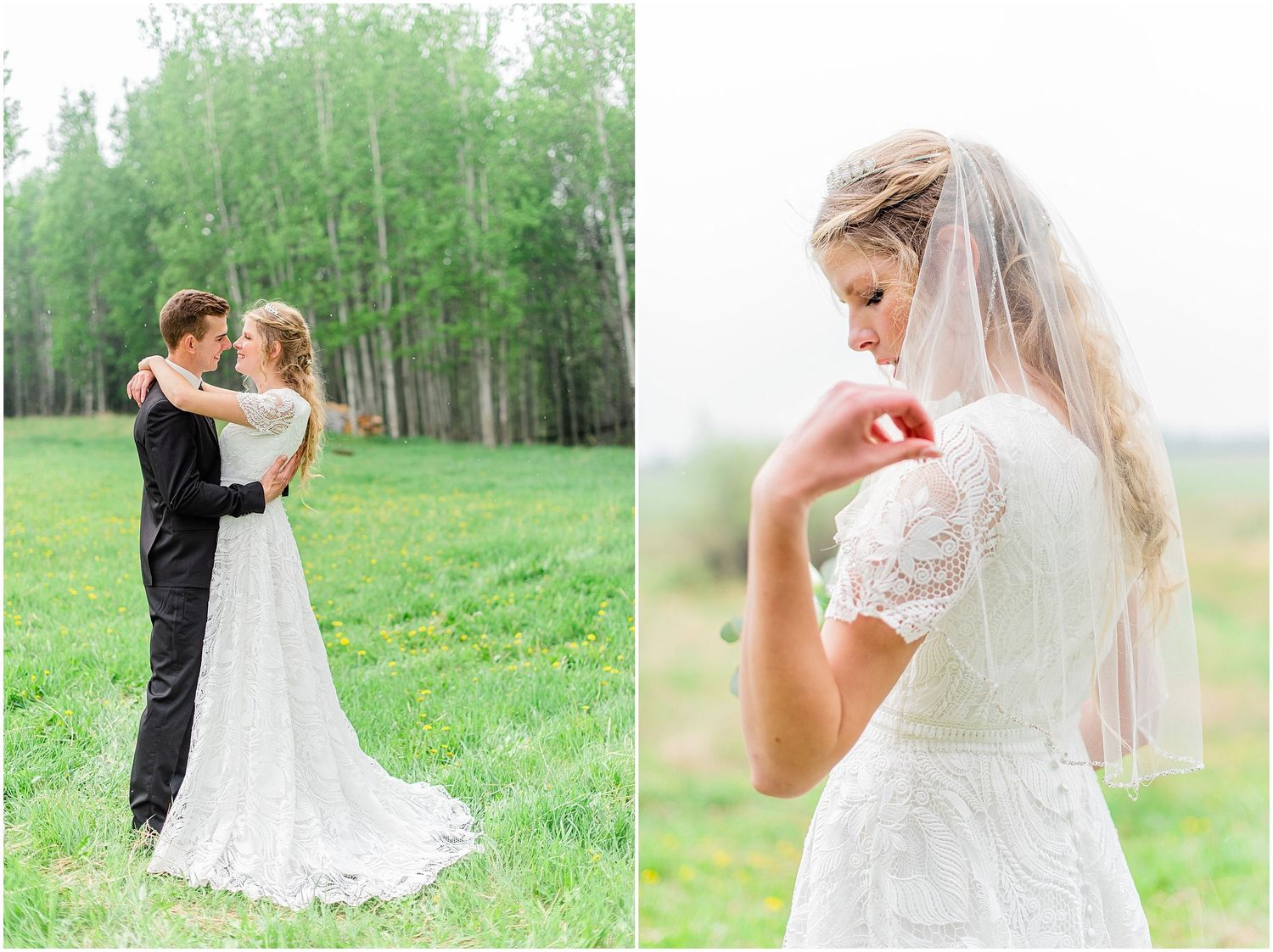 A bride and groom embrace in a green field, with a close-up detail of the bride's lace dress back.
