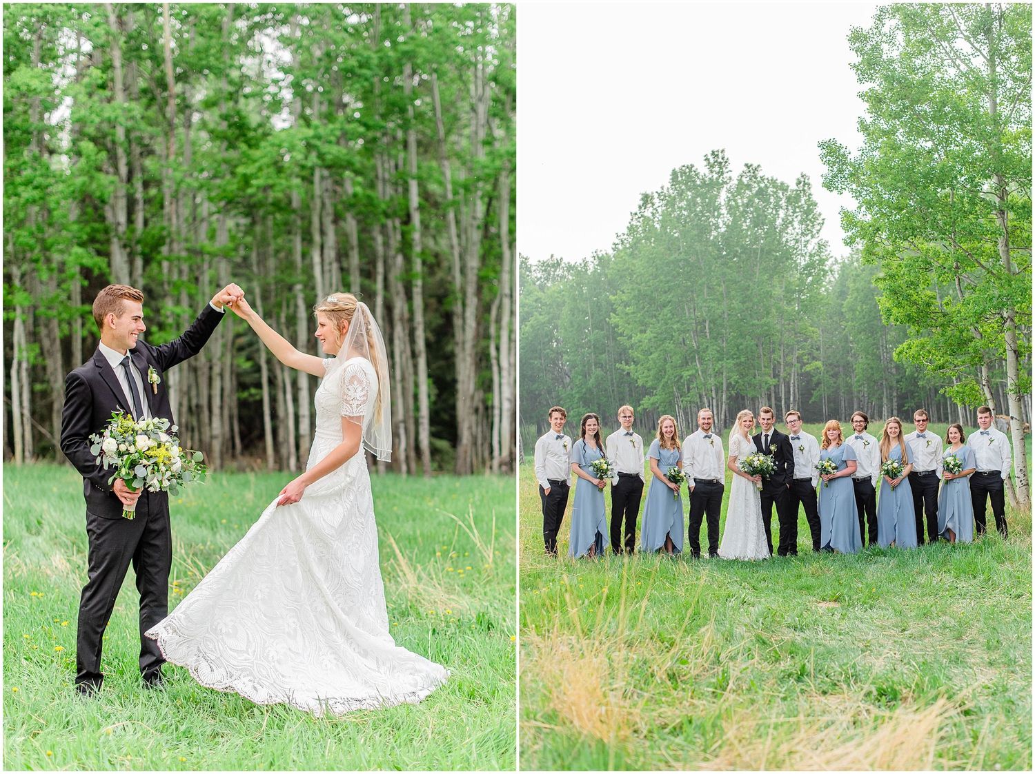 Bride and groom dancing in green meadow with wedding party lined up near forest backdrop.
