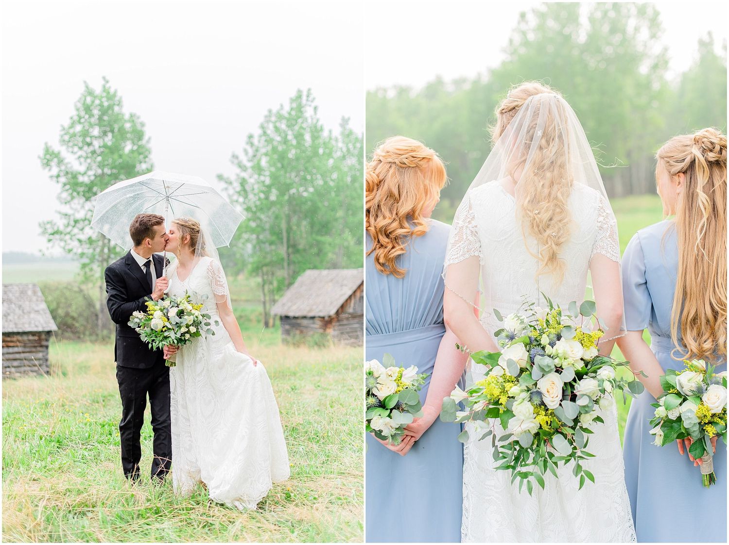 Bride and groom kissing under clear umbrella in rain with bridesmaids holding yellow bouquets.