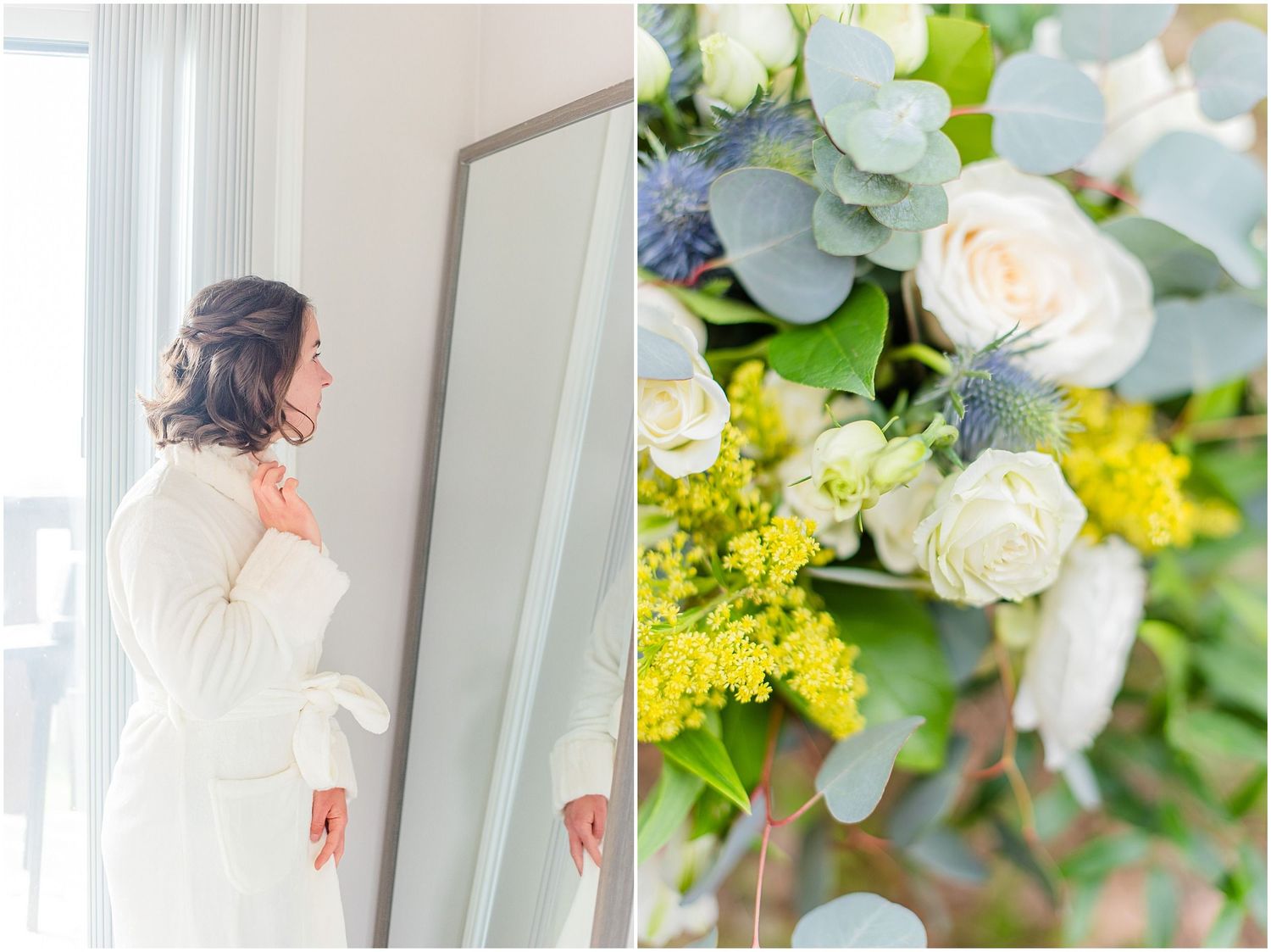 Bride in white robe gazes in mirror beside lush wedding bouquet of white roses and greenery.