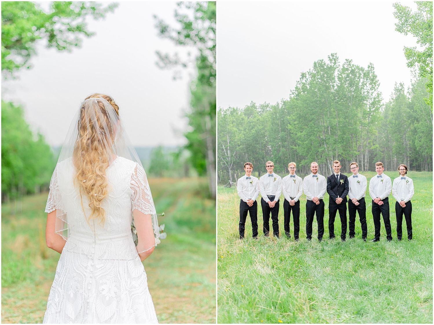 Bride in lace gown with veil stands beside groomsmen in white shirts and black pants in a green field.