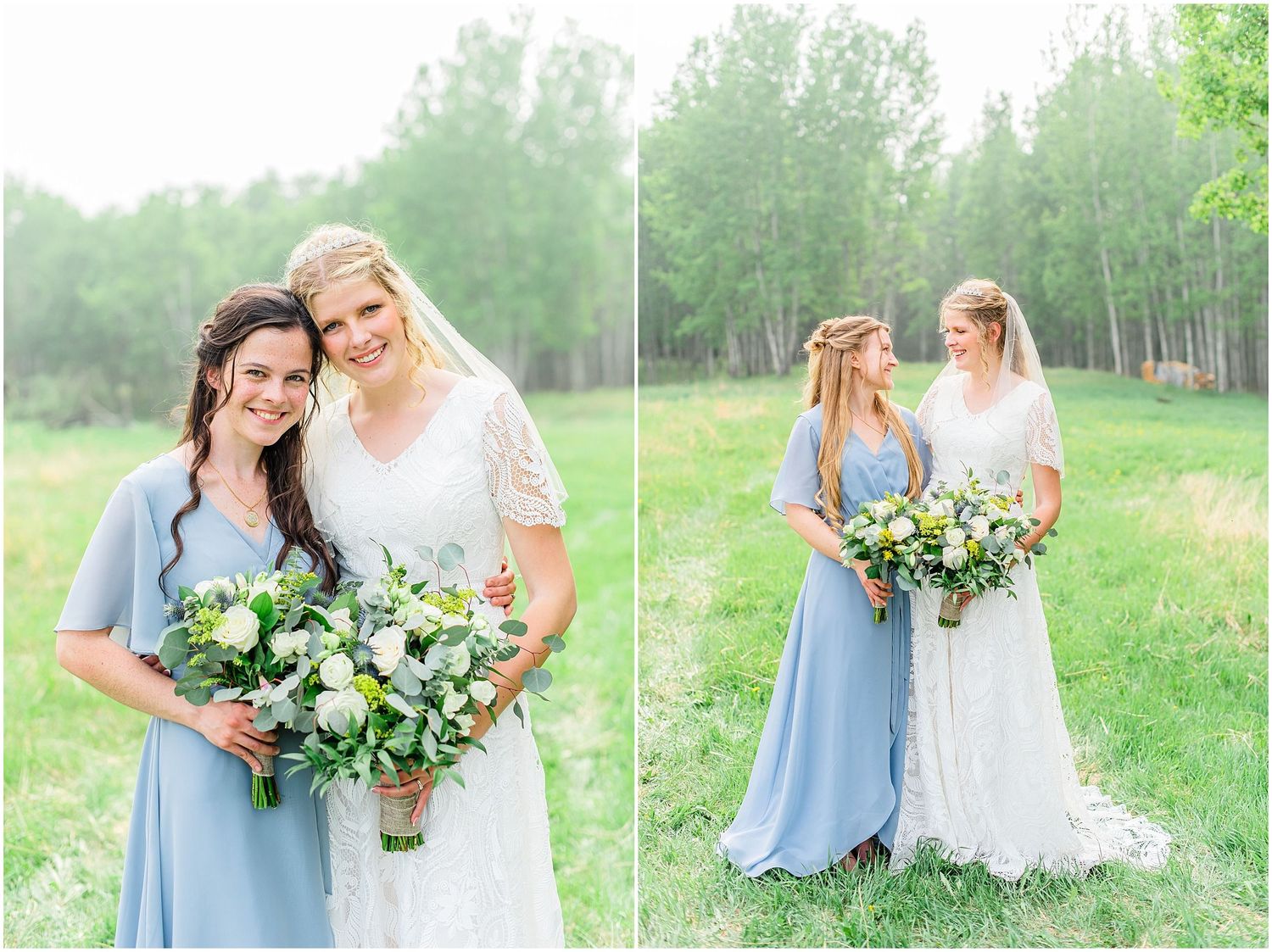 Bride in white lace gown poses with bridesmaid in dusty blue dress holding white and green bouquets outdoors.