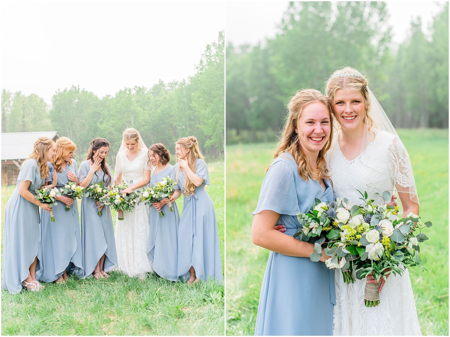 Bride poses with bridesmaids in dusty blue dresses holding white bouquets in a green outdoor setting.