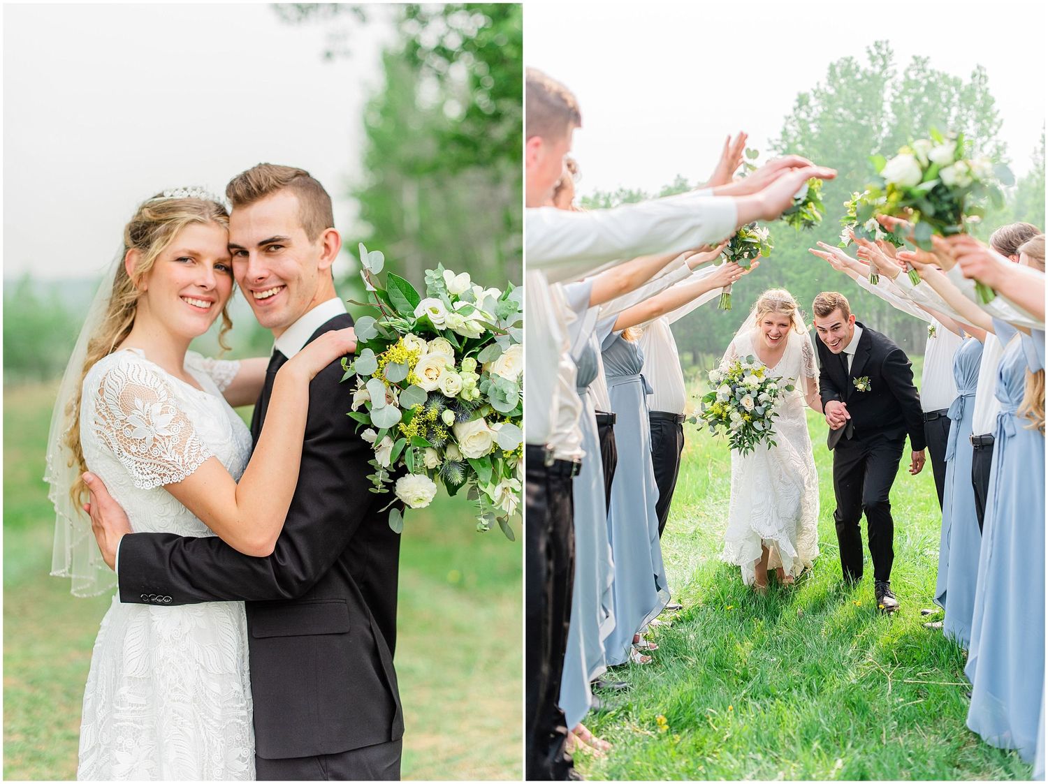 Newlyweds pose together as wedding party raises bouquets to form arch on green lawn.