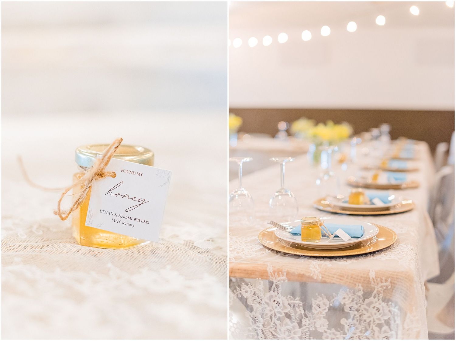 Elegant wedding reception table with gold chargers and honey jar favors tied with twine on lace tablecloth.