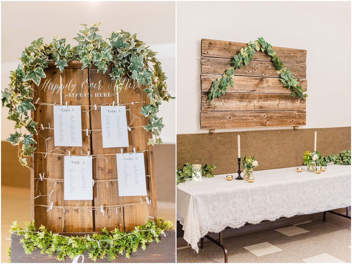 Rustic wedding seating chart display on wooden barrel arch with ivy beside a lace-covered sweetheart table.
