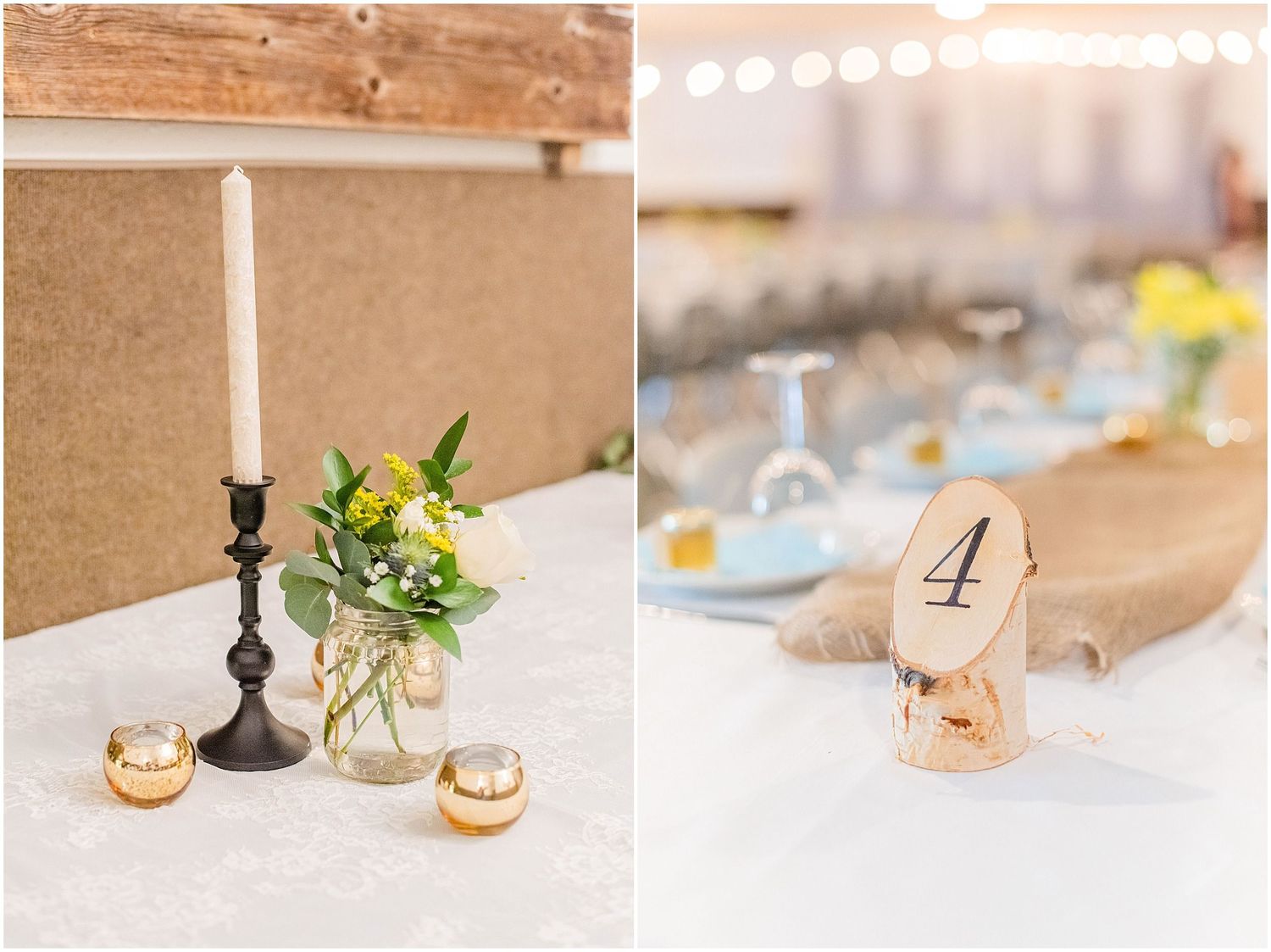 Rustic wedding table centerpiece with candles, mason jar florals, gold votives, and burlap table number holder.