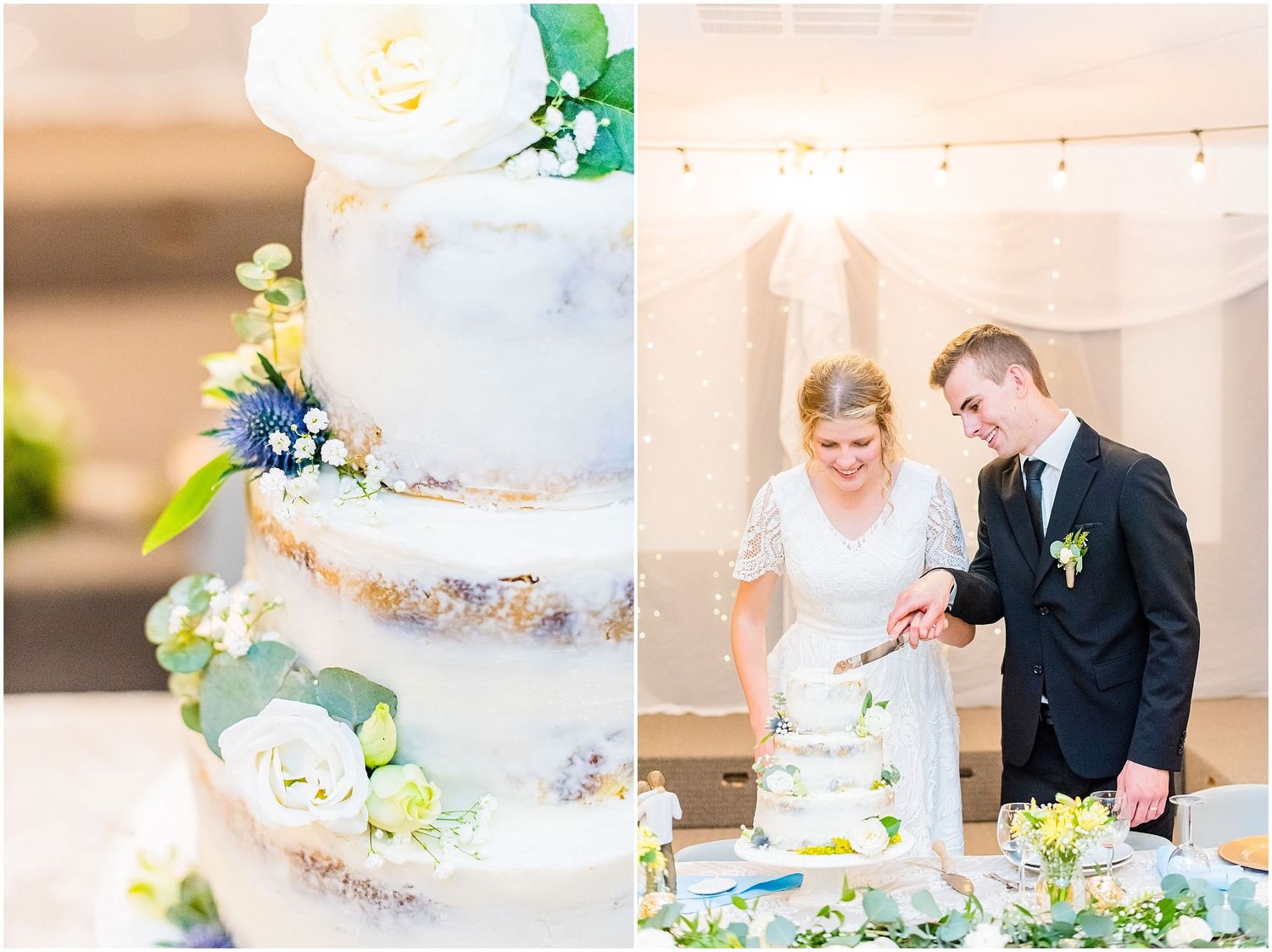 Bride and groom cut elegant white wedding cake decorated with flowers and greenery.