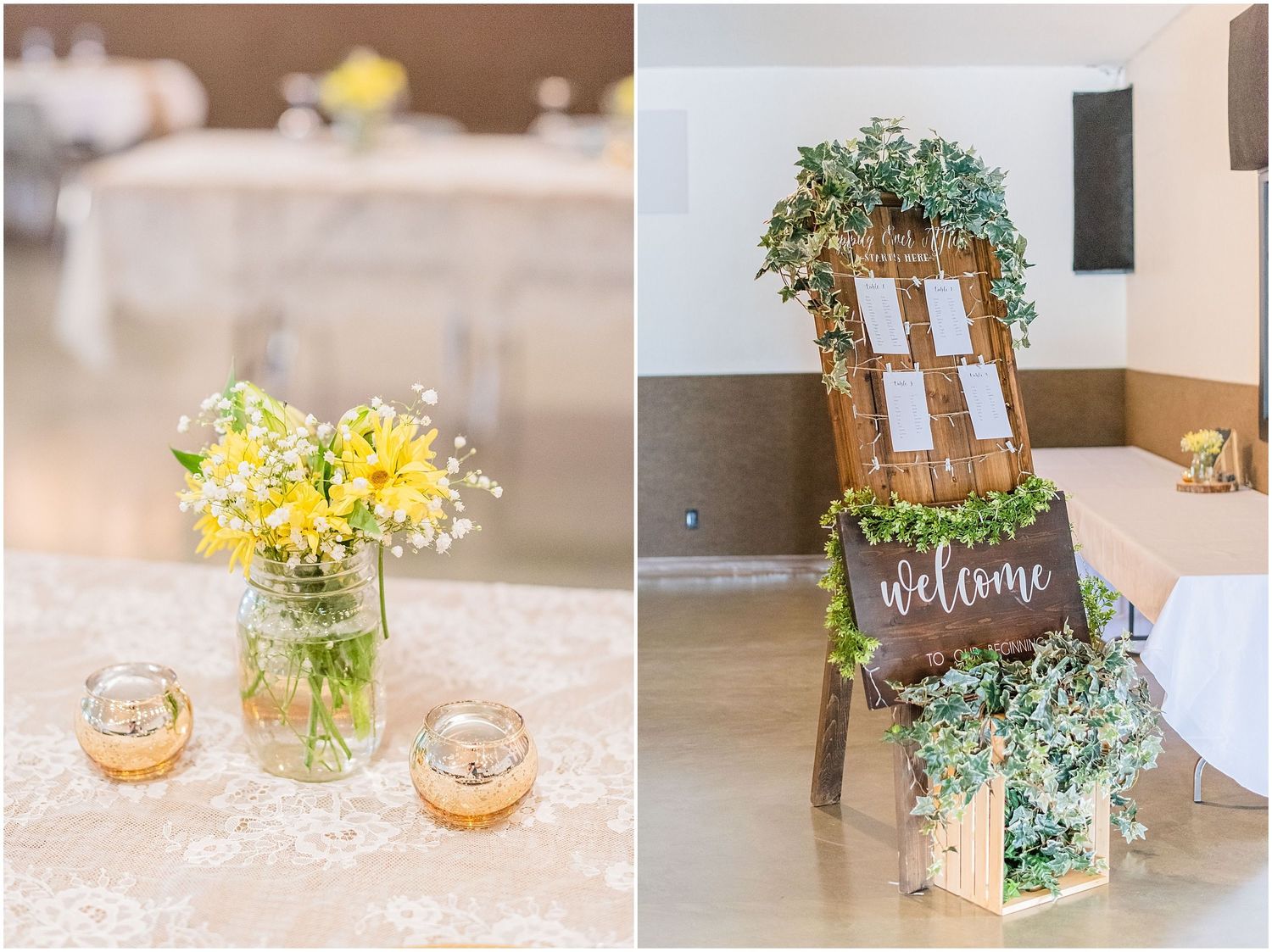 Rustic wedding reception decor featuring yellow wildflowers in mason jars and a wooden welcome seating chart sign.